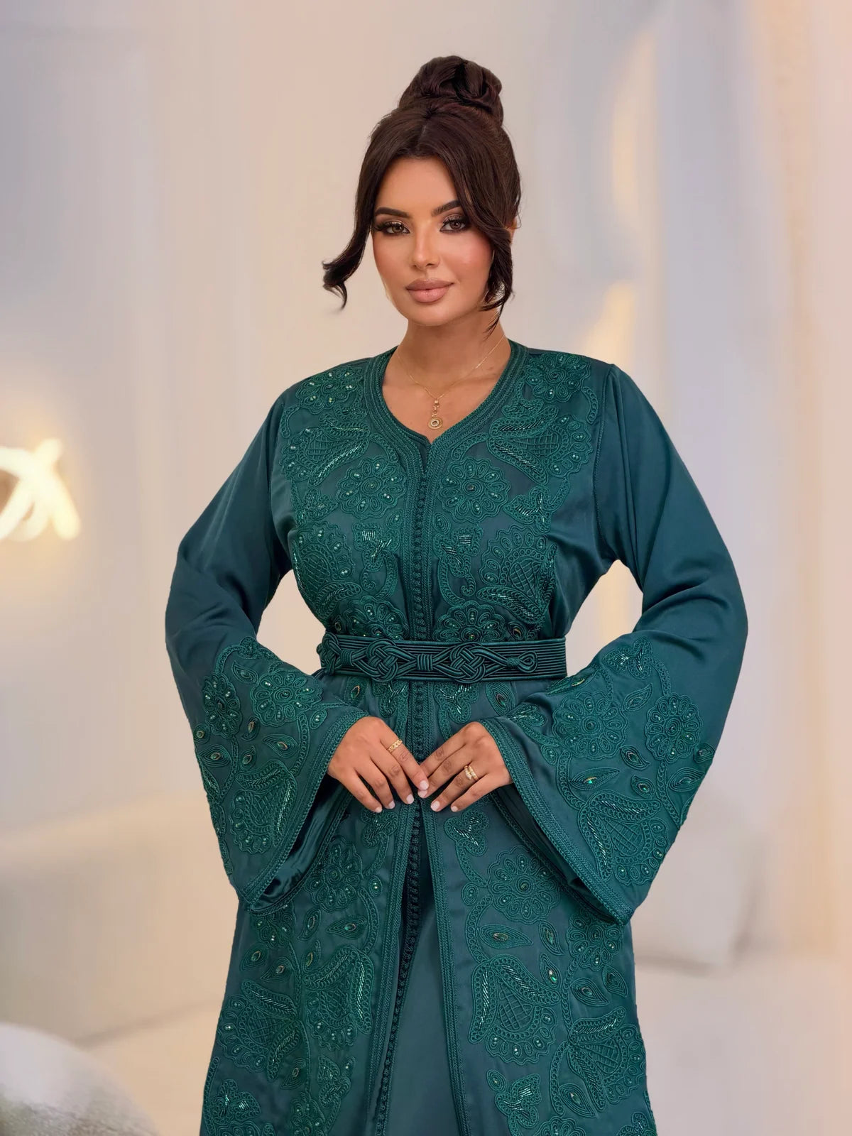 Takchita Aminaa bleu-vert – Robe de cérémonie marocaine 2 pièces