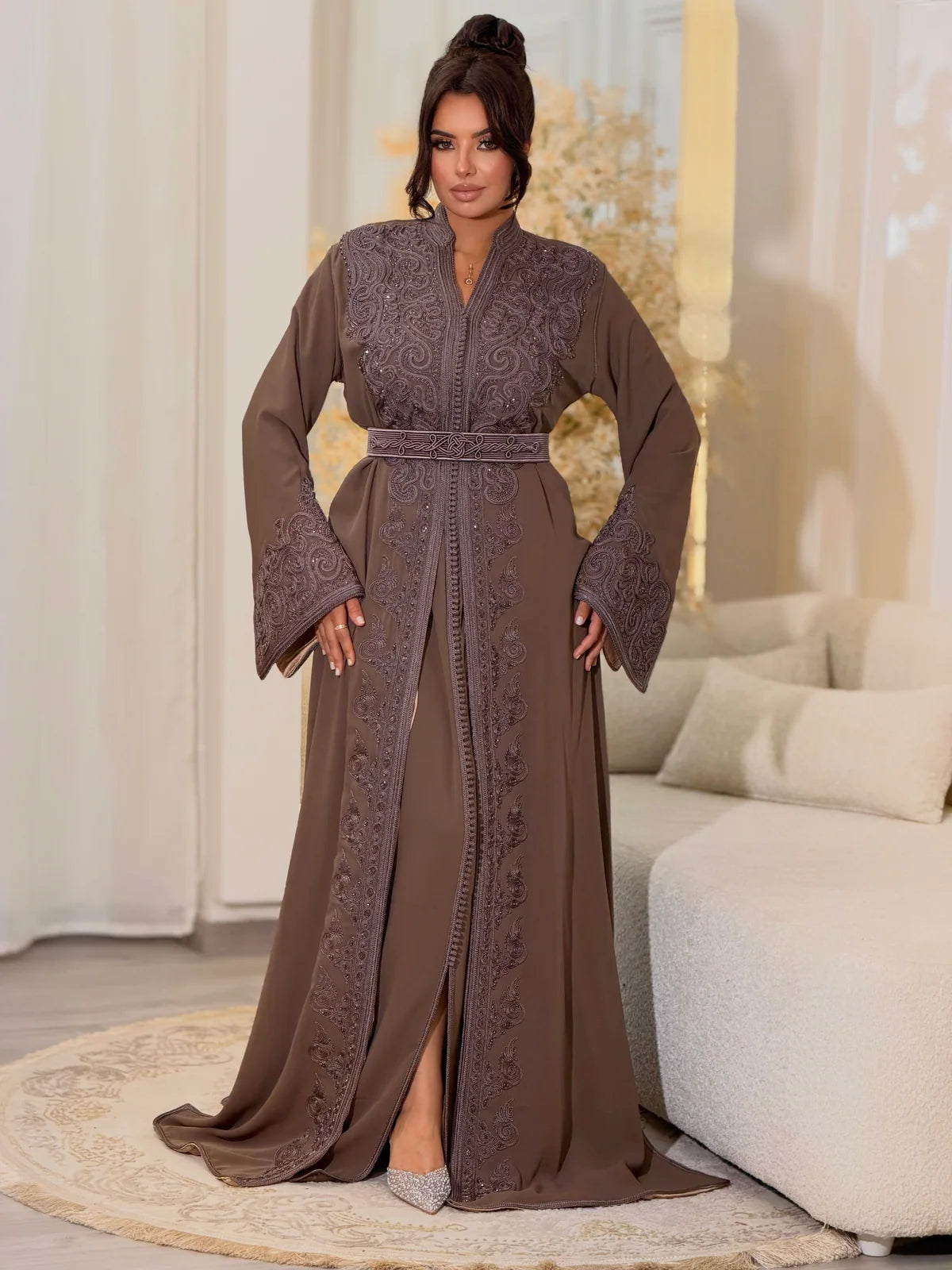 Takchita Wijdane marron – Robe de cérémonie marocaine 2 pièces