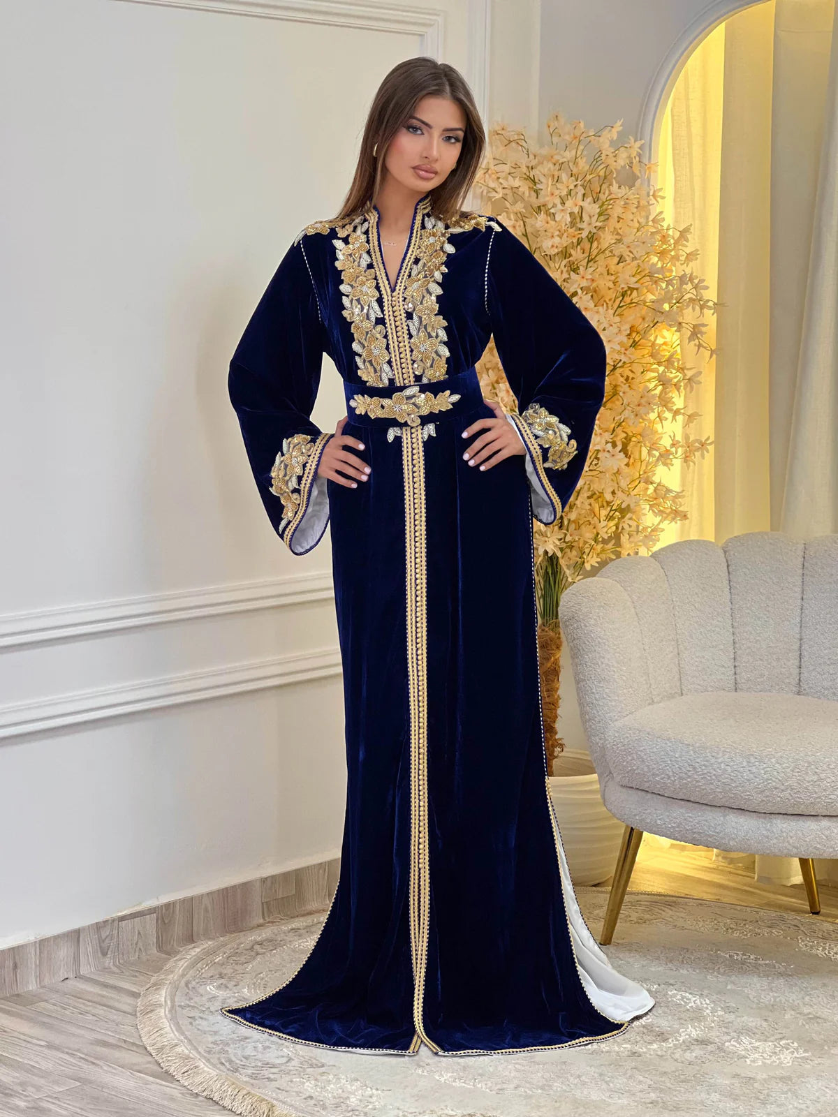 Lamar Bleu marine Kaftan – Robe marocaine artisanale