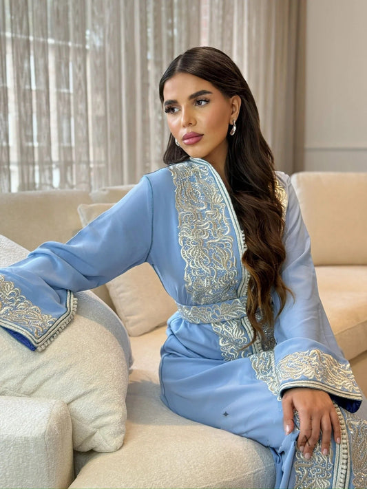 Samia Bleu Kaftan – Robe marocaine artisanale