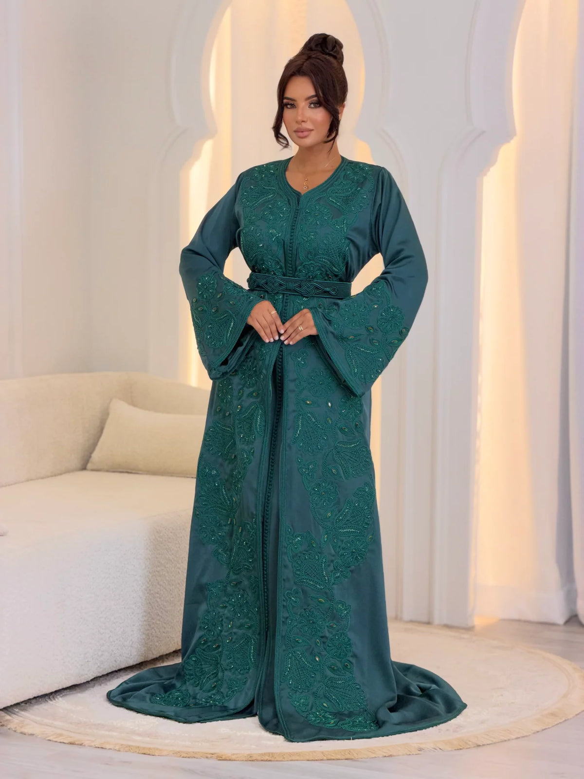 Takchita Aminaa bleu-vert – Robe de cérémonie marocaine 2 pièces