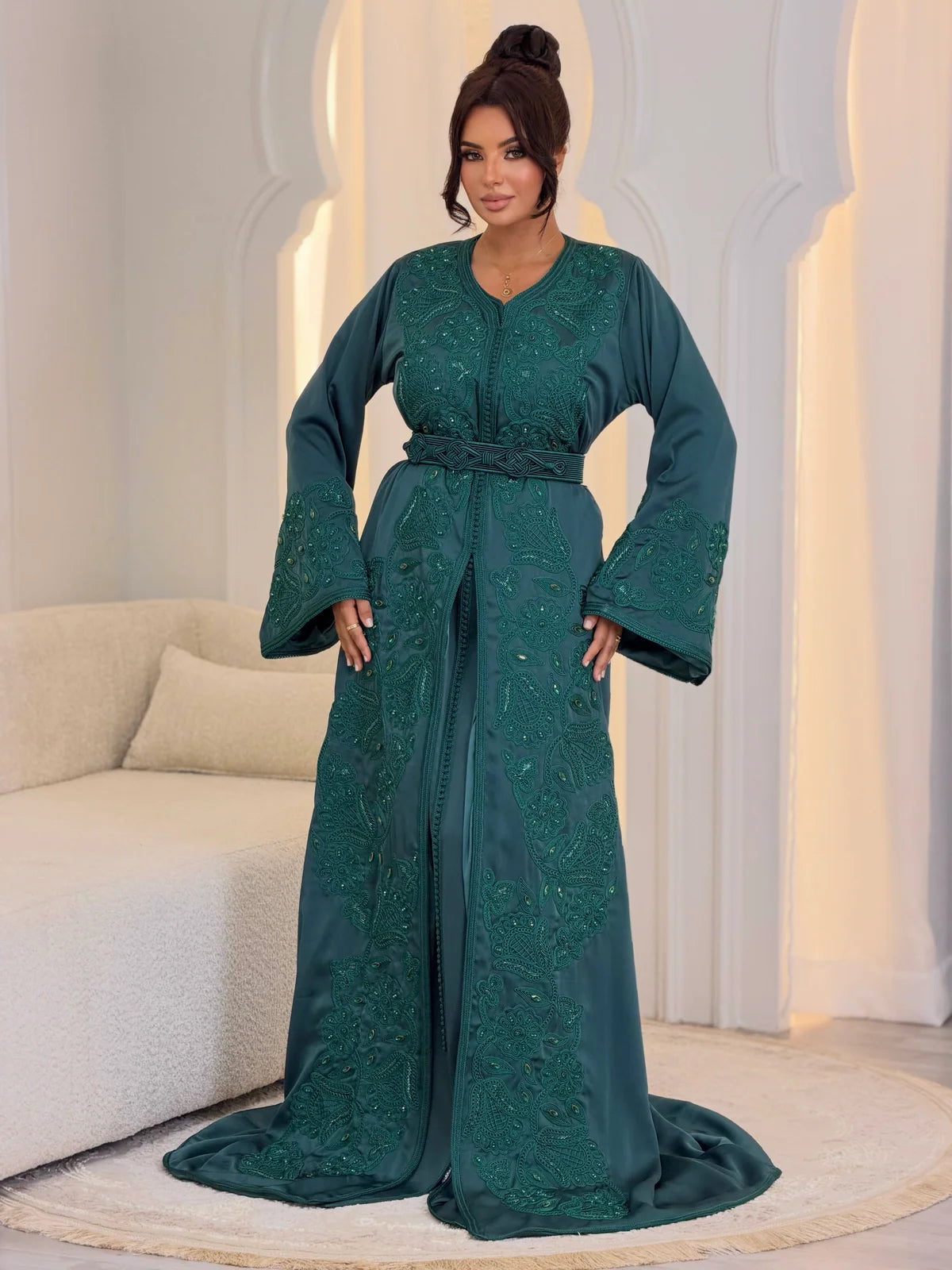 Takchita Aminaa bleu-vert – Robe de cérémonie marocaine 2 pièces