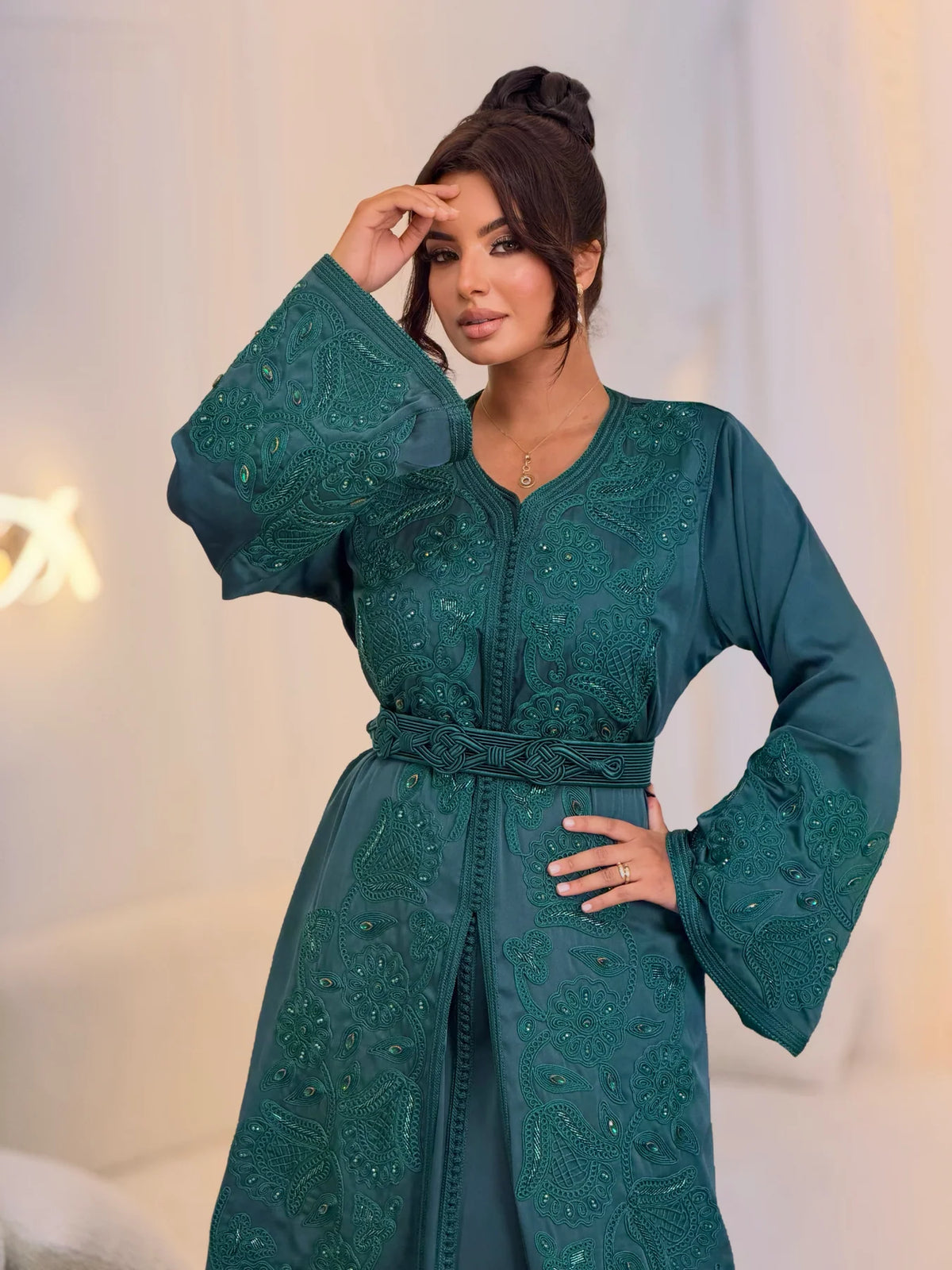 Takchita Aminaa bleu-vert – Robe de cérémonie marocaine 2 pièces