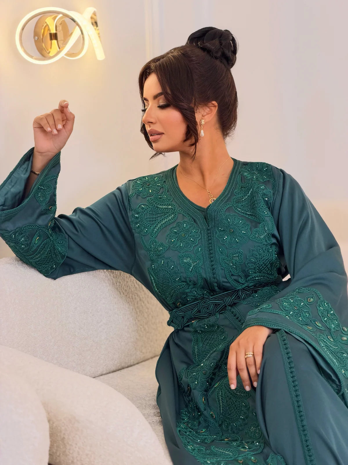 Takchita Aminaa bleu-vert – Robe de cérémonie marocaine 2 pièces