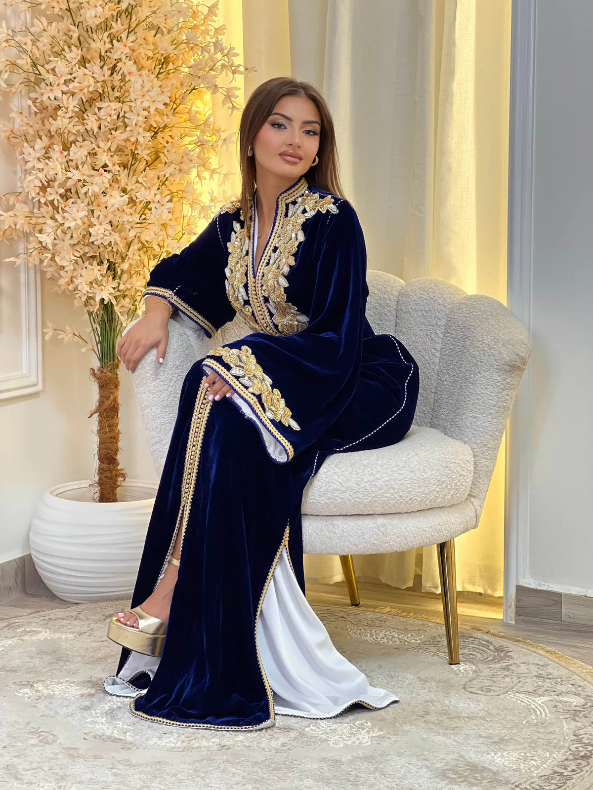 Lamar Bleu marine Kaftan – Robe marocaine artisanale