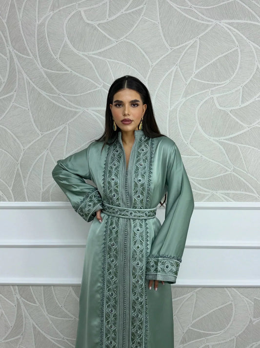 Malak Vert Kaftan – Robe marocaine artisanale