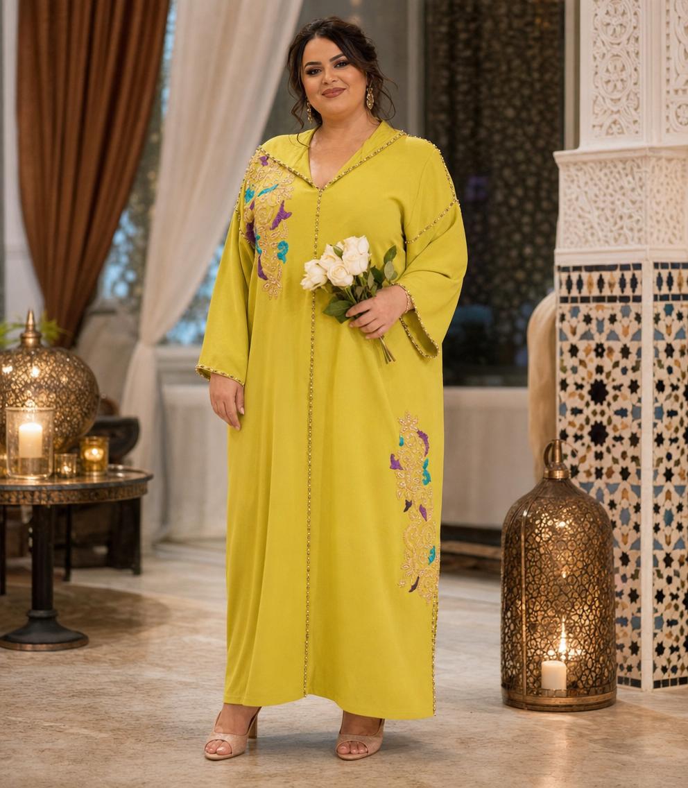 Rajae Jaune Djellaba – Tunique marocaine décontractée \u2014 plus-size model