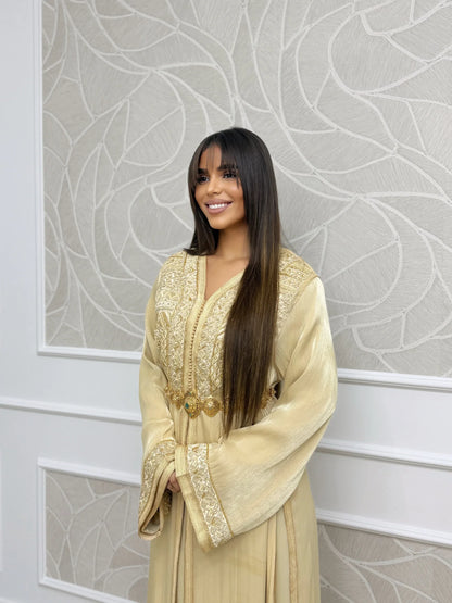 Fotoun Moroccan takchita two-piece ceremonial dress with hand-set embroidery and mdamma belt