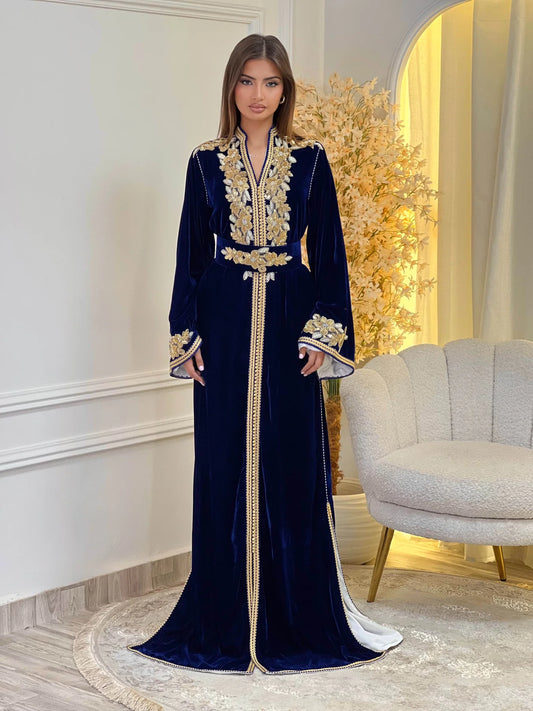 Lamar Bleu marine Kaftan – Robe marocaine artisanale
