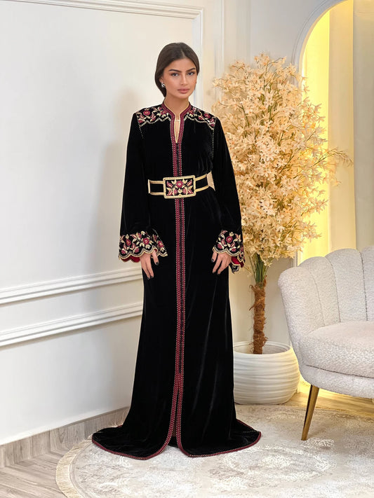 Lamiaa Noir Kaftan – Robe marocaine artisanale