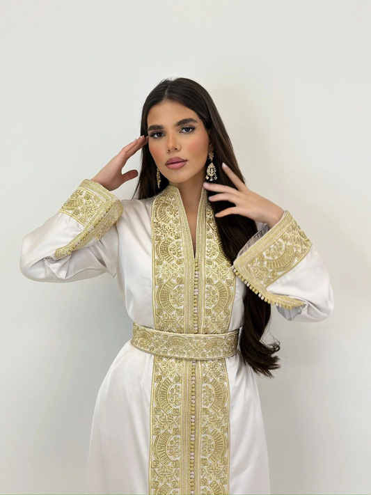 Nadia Blanc Kaftan – Robe marocaine artisanale