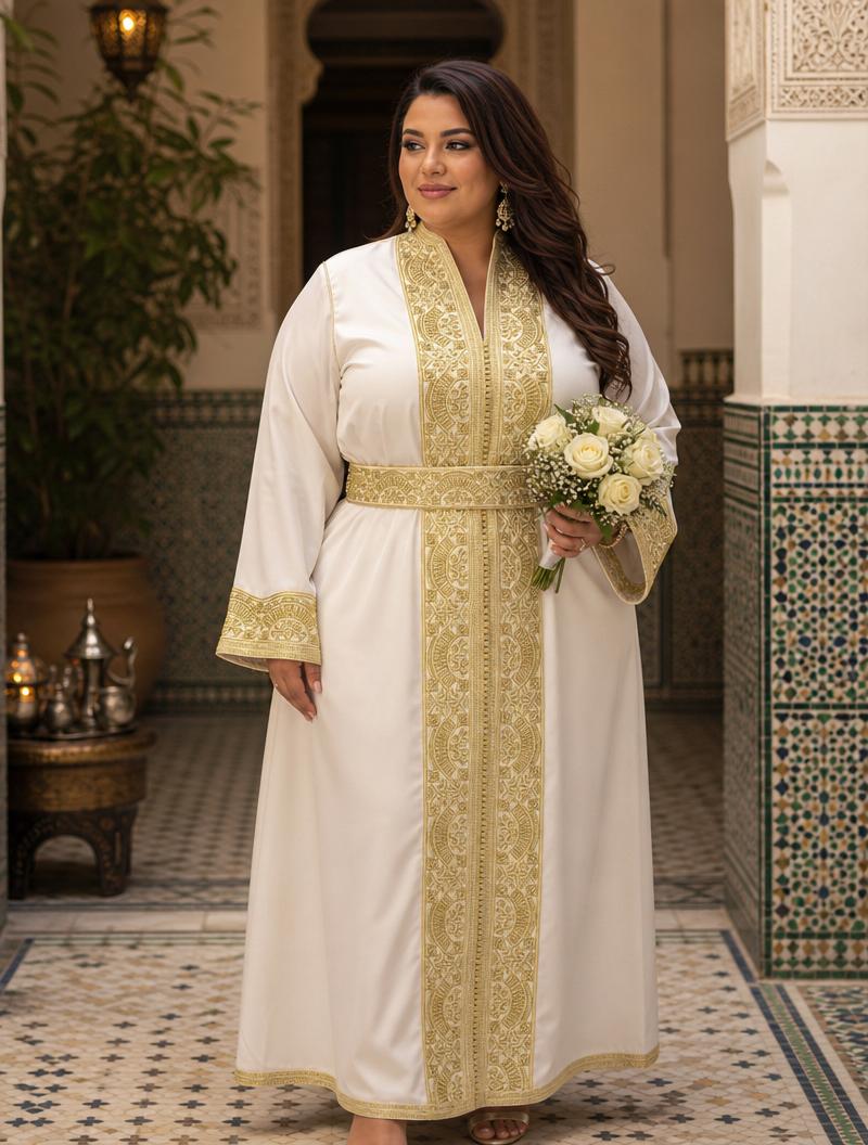 Nadia Blanc Kaftan – Robe marocaine artisanale \u2014 plus-size model