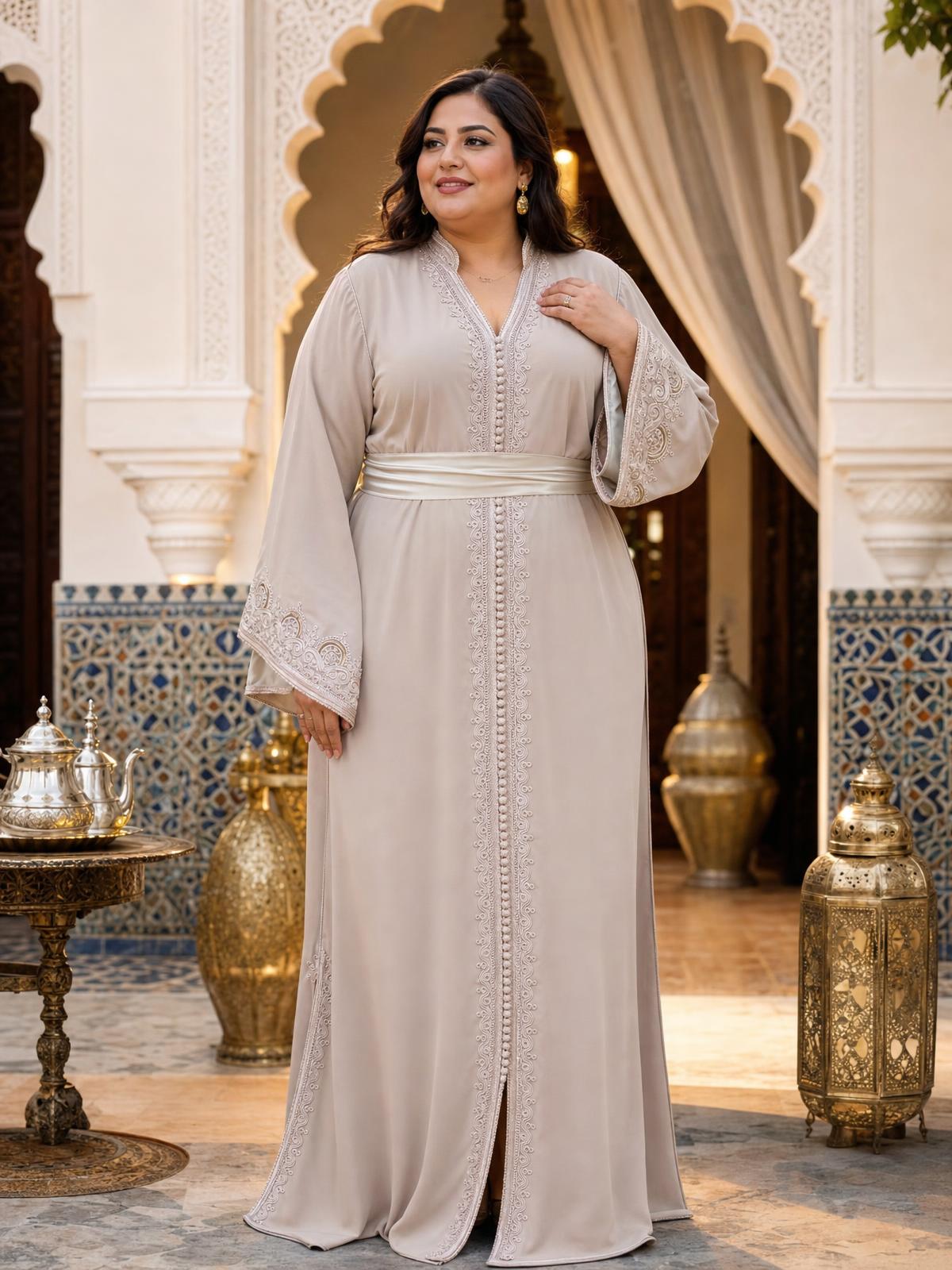 Sajida Beige Kaftan – Robe marocaine artisanale \u2014 plus-size model