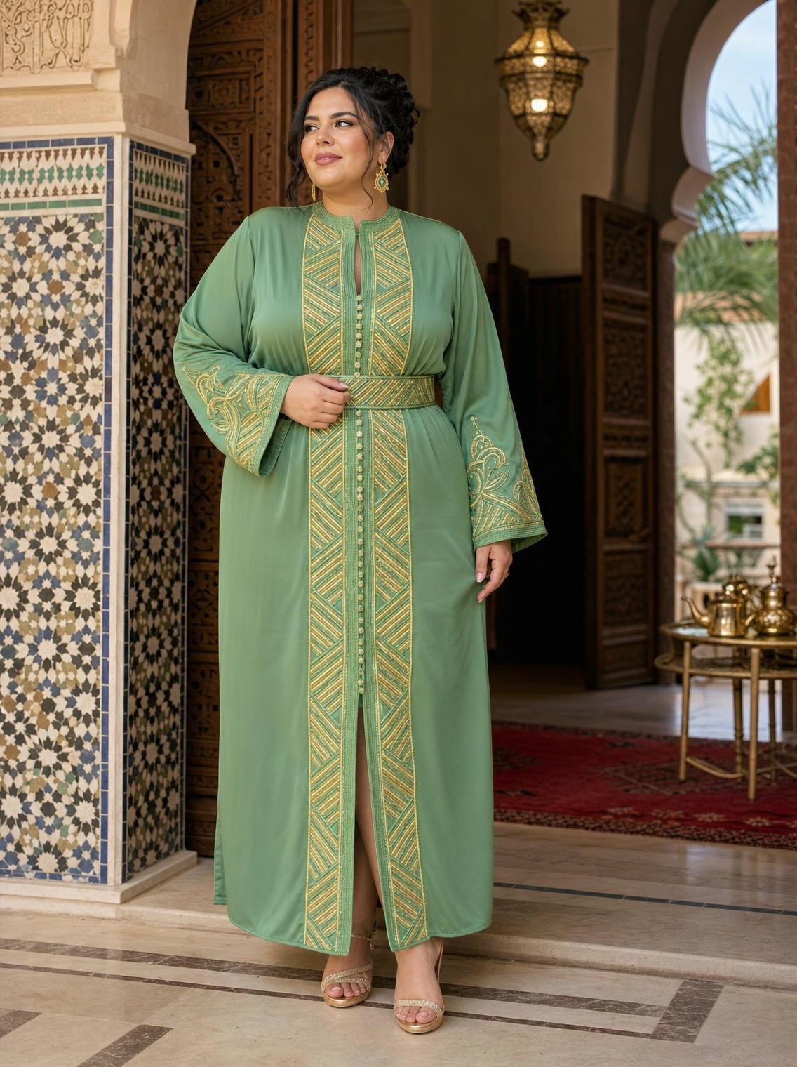 Sirina Vert Kaftan – Robe marocaine artisanale \u2014 plus-size model